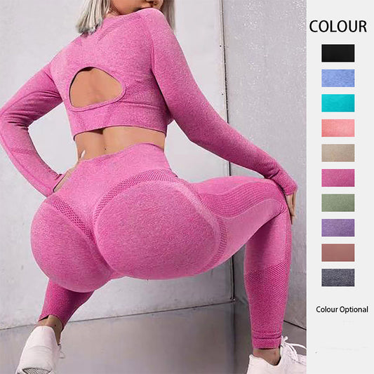 2pcs Sports Suit. Long Sleeve Hollow Design Tops And Butt Lifting High Waist Seamless Fitness Leggings Sports Gym Sportswear Outfits Clothing